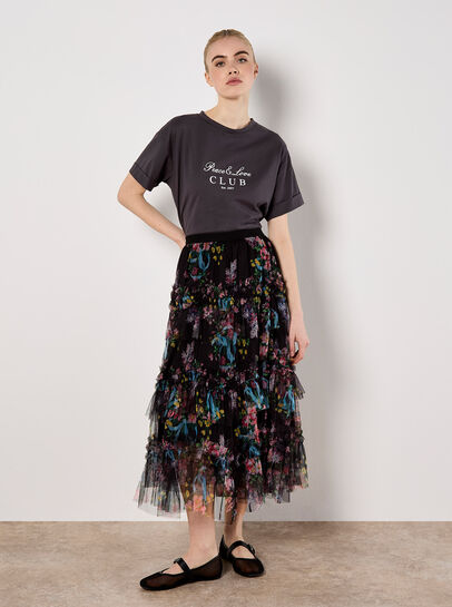 Floral Tiered Tulle Midi Skirt
