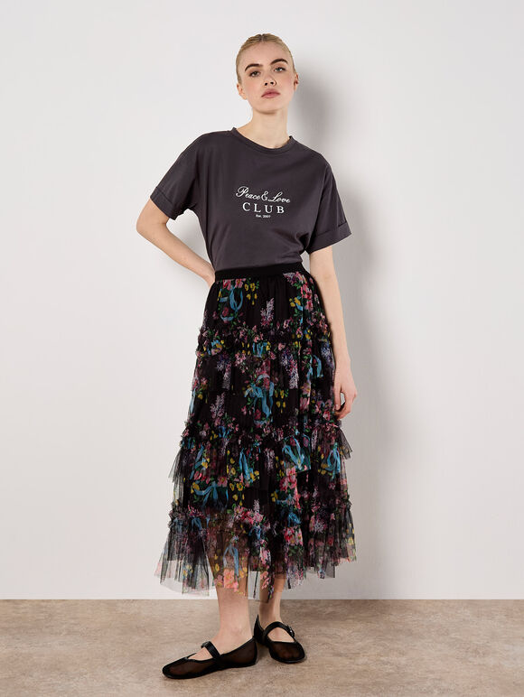 Floral Tiered Tulle Midi Skirt, Black, large