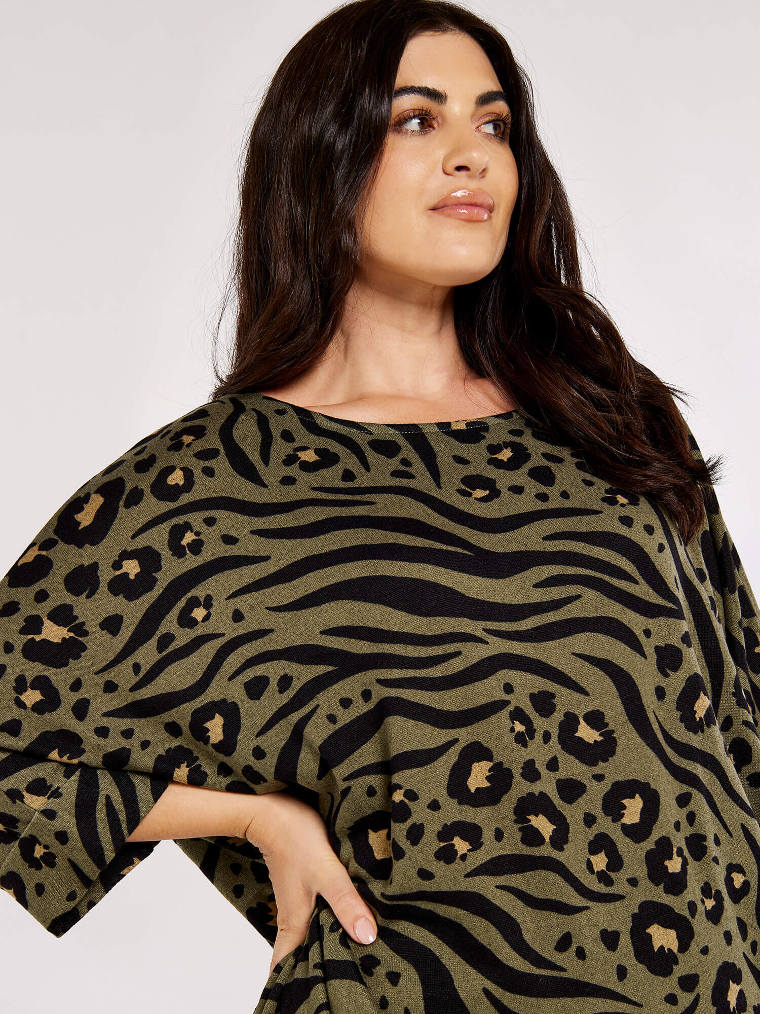 Curve Animal Print Batwing Top Apricot Clothing