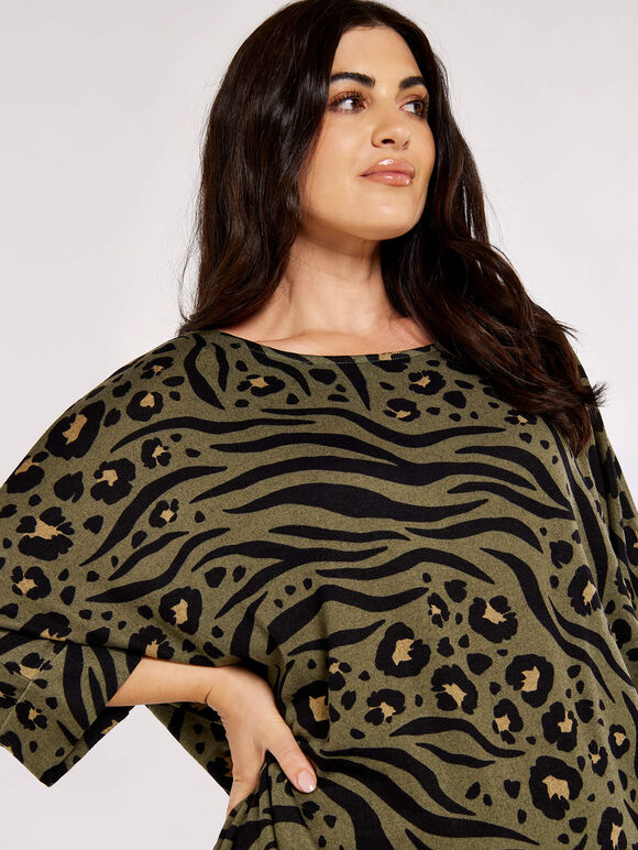 Curve Animal Print Batwing Top, Khaki, large