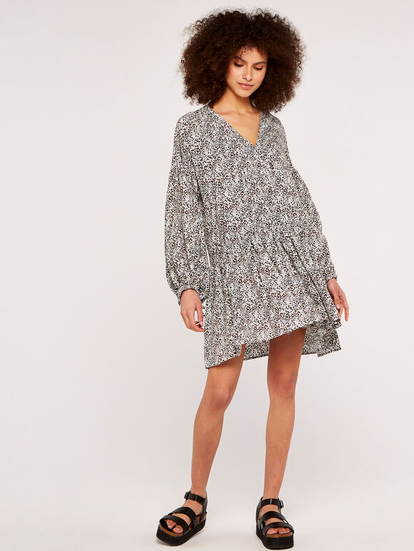 Leopard Drawstring Wrap Dress, Cream, large