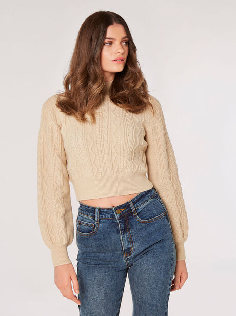 Cropped Cable Knit Aran Jumper