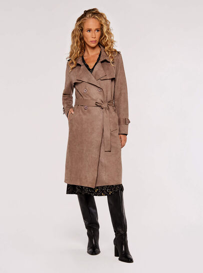 Double-Breasted Suede Belted Trench Coat