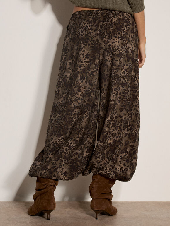 Leopard Print Wide-Leg Woven Trousers, Khaki, large