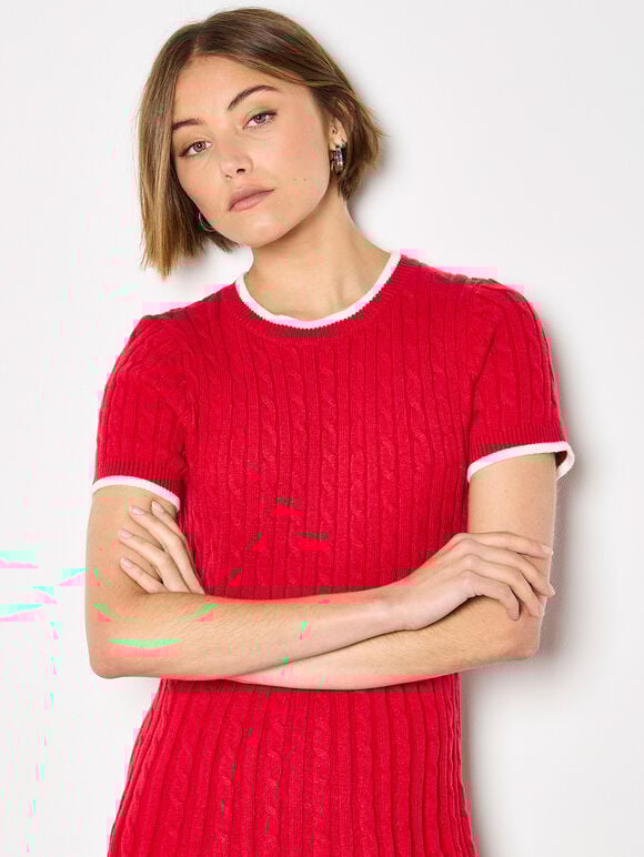 Cable Knit Skater Mini Dress, Red, large