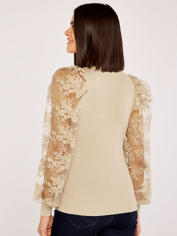 Organza Sleeve Ribbed Jumper, Stone, large