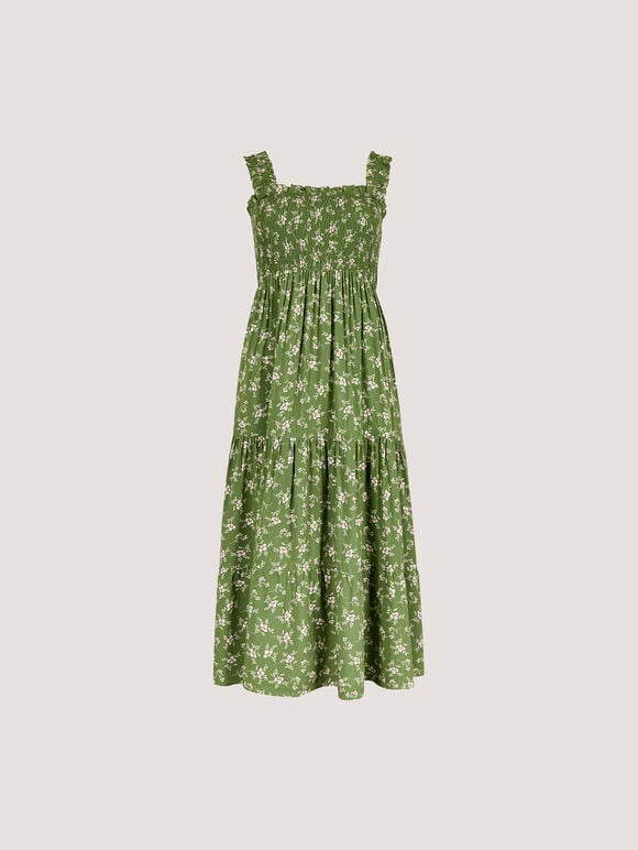 Orchid Print Smocked Midi Dress, Green, large