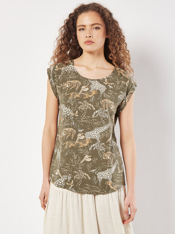 Graphic Animal Print Woven T-Shirt, Khaki, large