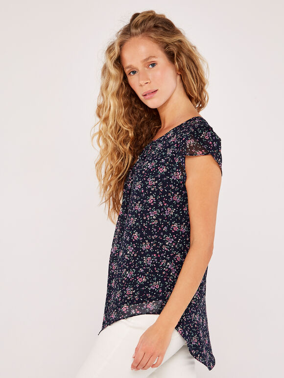 Floral Chiffon Top, Navy, large