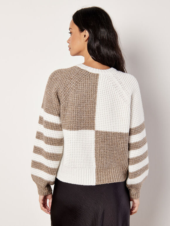 Colour Block Waffle Knit Jumper, Cream, large