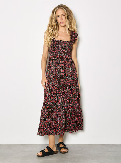 Folk Floral Metallic Midi Dress