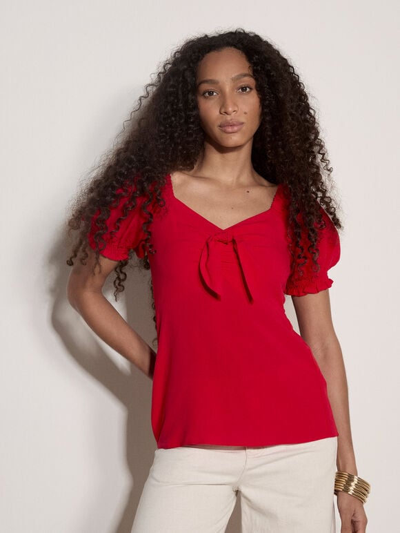 Tie Front Milkmaid Top, Red, large