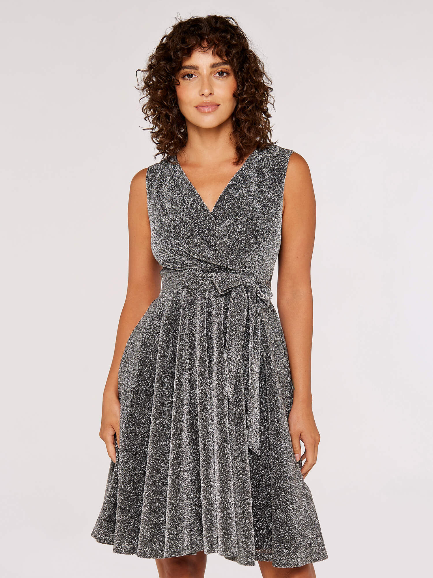 Metallic Pleat Skater Mini Dress Apricot Clothing