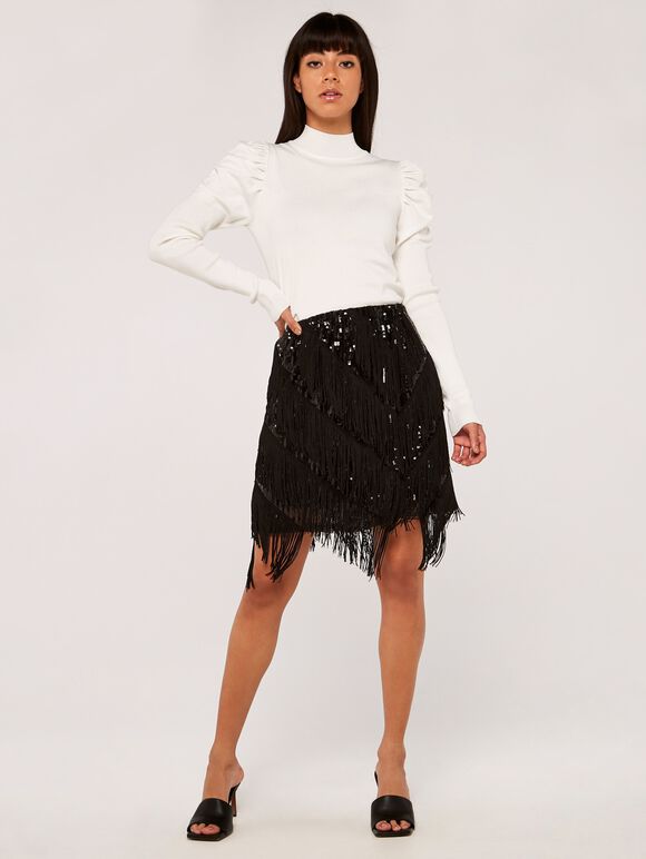 Sequin Tassle Skirt, Black, large