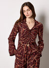 Abstract Print Ruched Front Blouse, Burgundy, large