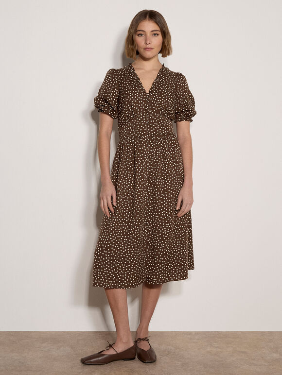 Polka Dot Ruffle Midi Dress, Brown, large