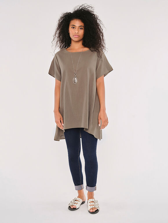 Slub Cotton High Low Tunic, Khaki, large