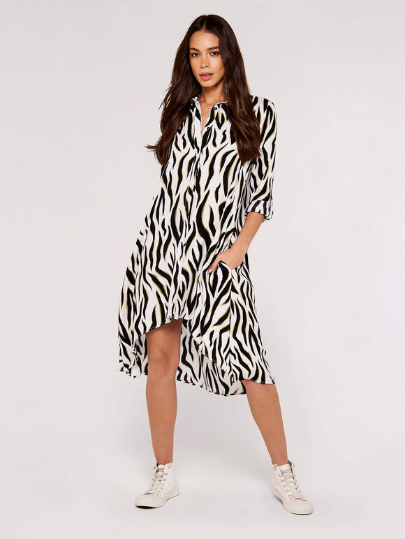Zebra Oversized Shirt Mini Dress, Cream, large