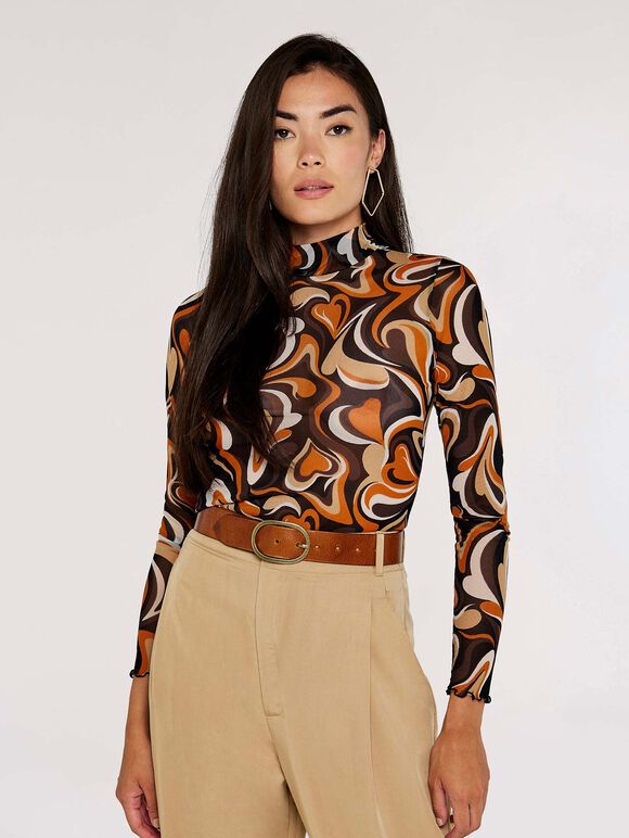 Swirl Funnel Neck Top, Rust, large