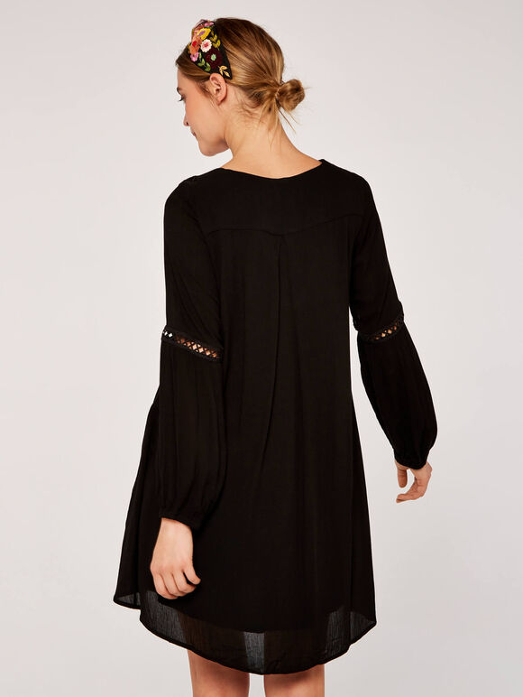 Lace Detail Smock Dress, Black, large