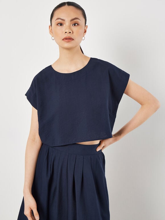 Woven Boxy Crop Top, Navy, large