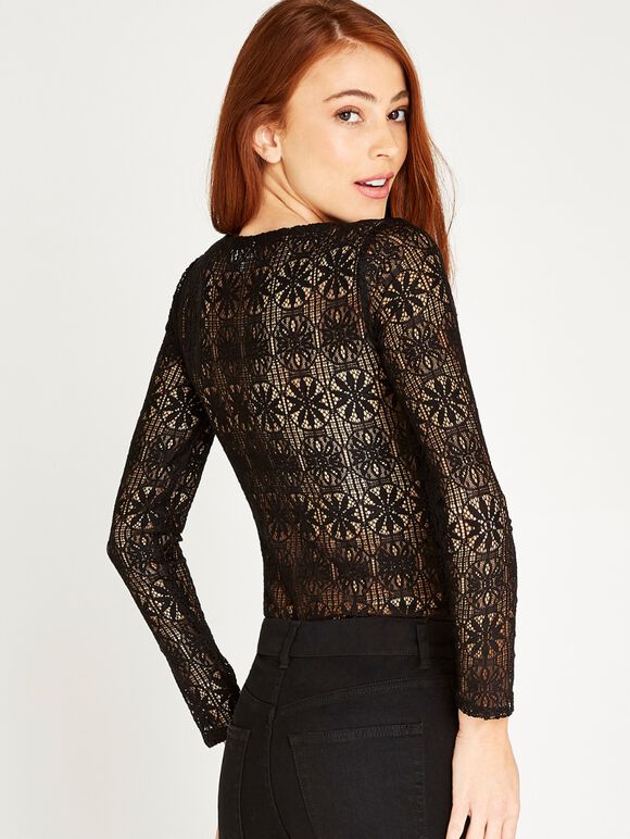 Lace V-Neck Bodysuit, Black, large