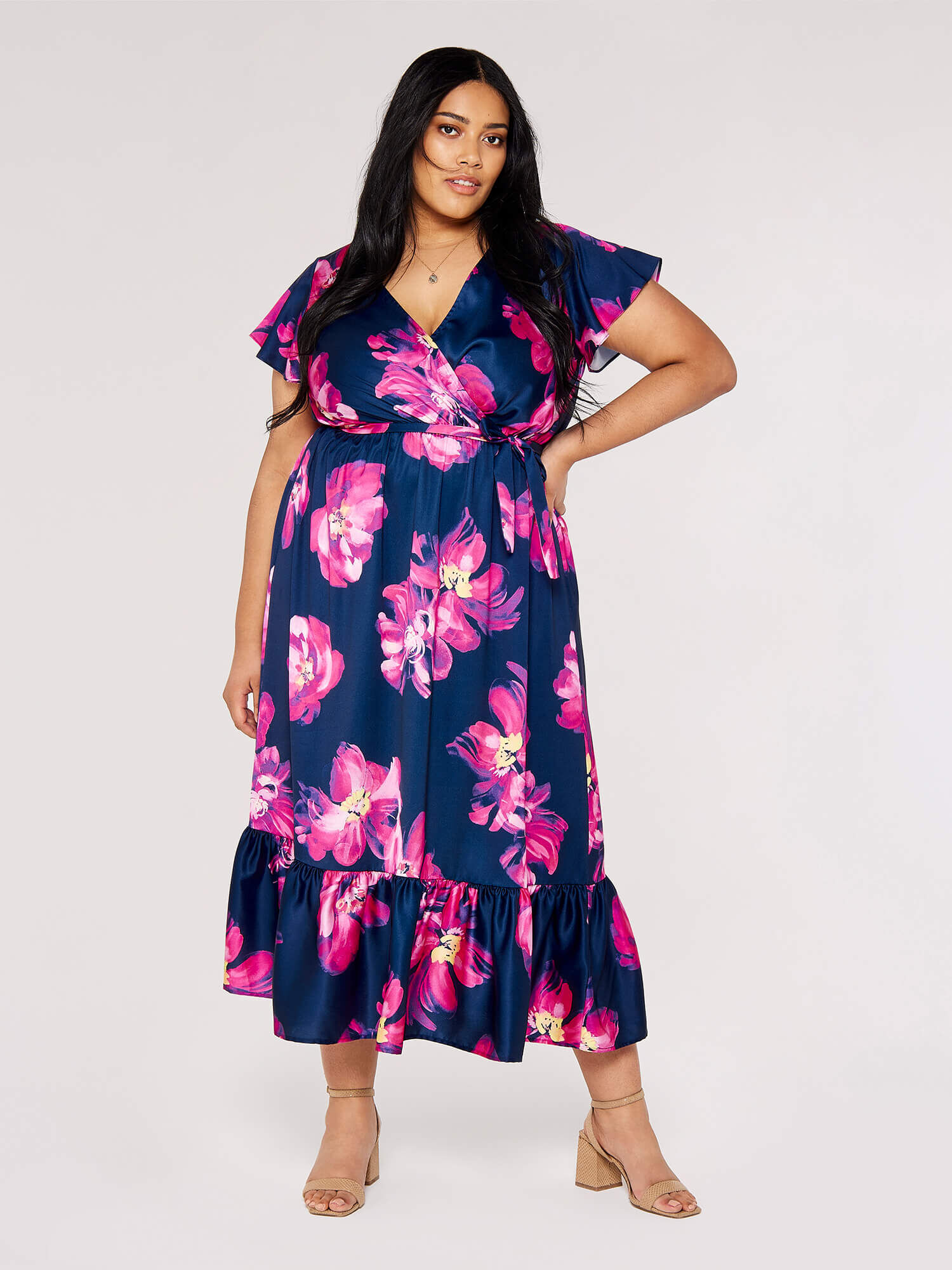 Curve Floral Wrap Midi Dress Apricot Clothing