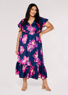 Curve Floral Wrap Midi Dress, Navy, large