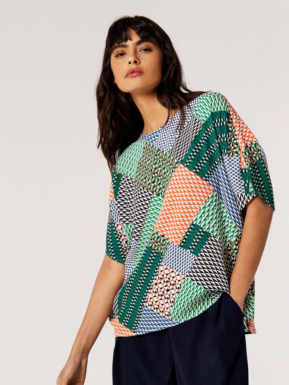 Geometric Patchwork Textured T-Shirt, Orange, large