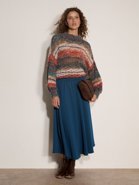 Open Knit Multi-Coloured Oversized Jumper, Teal, large