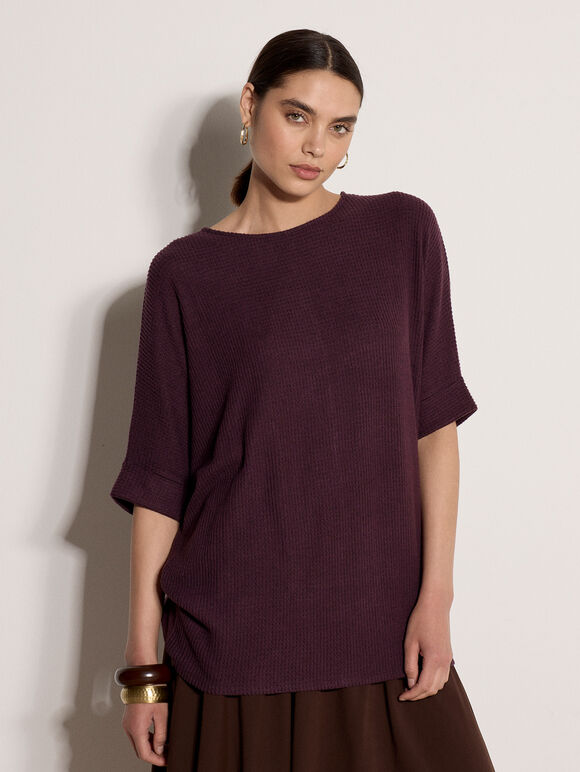 Soft-Touch Batwing Waffle Knit Top, Purple, large