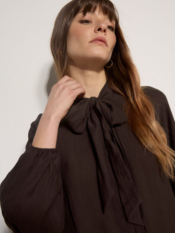 Crinkle Textured Bow Neck Blouse, Brown, large