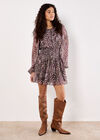 Feather Print Chiffon Mini Dress, Burgundy, large