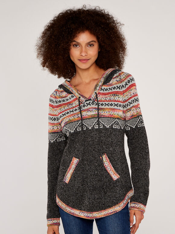 Aztec Knitted Hoodie, Grey, large