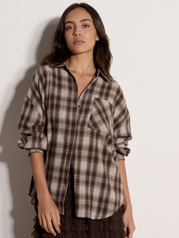 Check Print Oversized Shirt, Brown, large