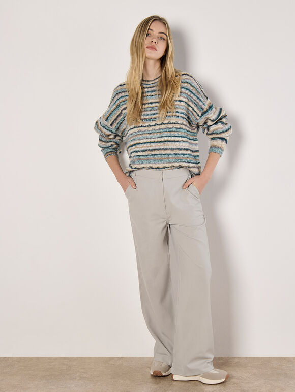 Multicoloured Stripe Aran Jumper, Teal, large