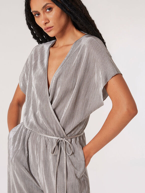 Plisse Metallic Jumpsuit, Silver, large