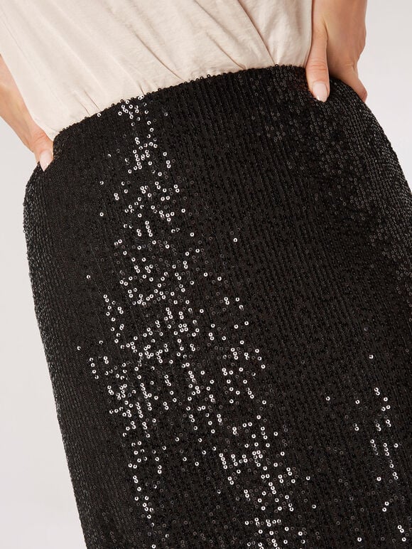 Sequin Sparkle Midi Skirt, Black, large