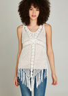 Crochet Curved Fringe Hem Top, Cream, large