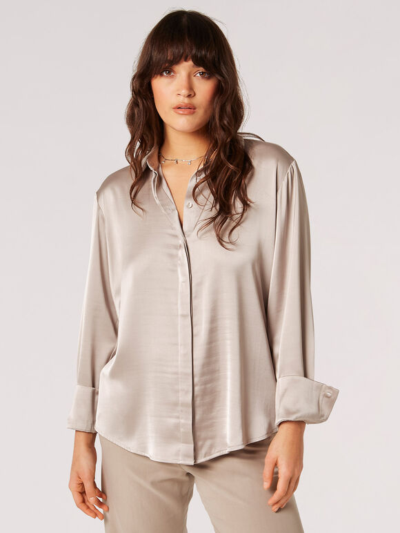 Oversized Satin Shirt, Stone, large