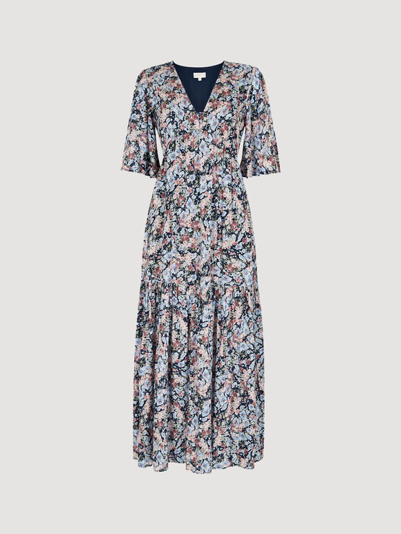 Watercolour Floral Shimmer Maxi Dress, Navy, large
