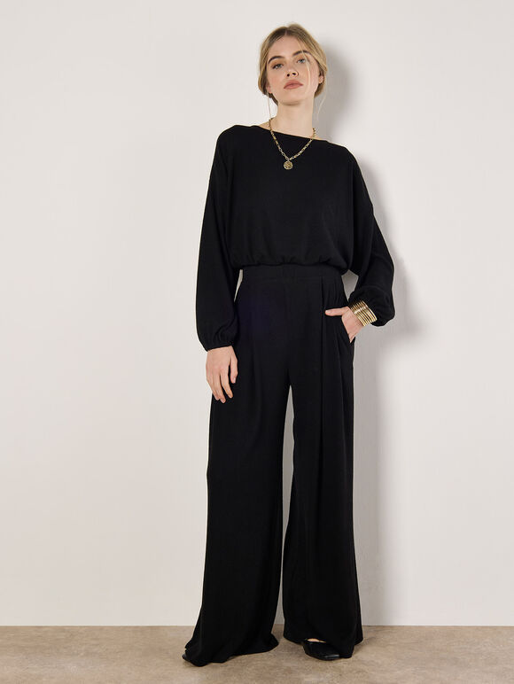 Ribbed Knit Wide Leg Trousers, Black, large