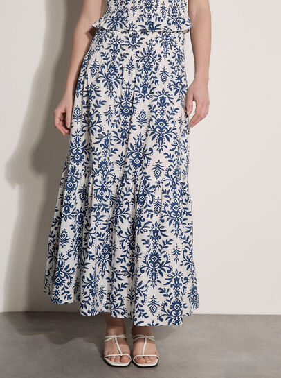 Folk Ikat Print Cotton Tiered Maxi Skirt