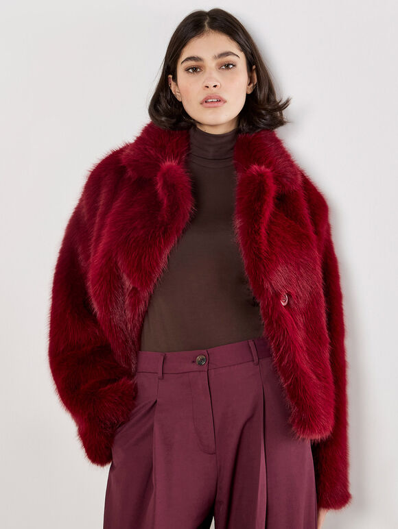 Faux Fur Short Coat, Burgundy, large