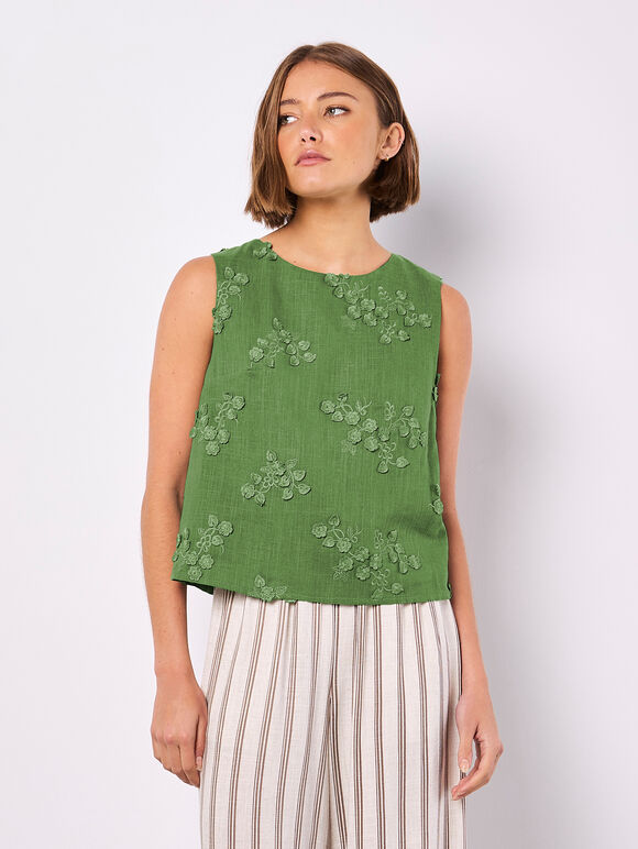 Floral Embroidered Shell Top, Green, large