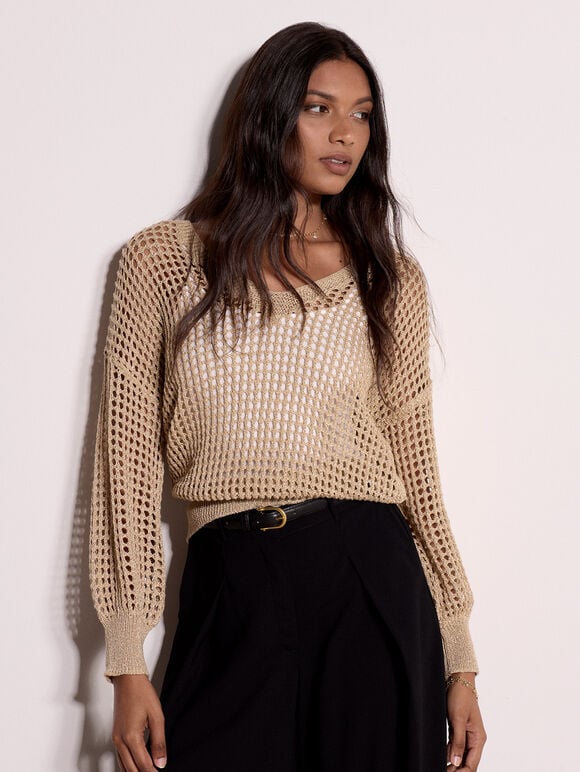 Gold Shimmer Open Knit Jumper, Gold, large