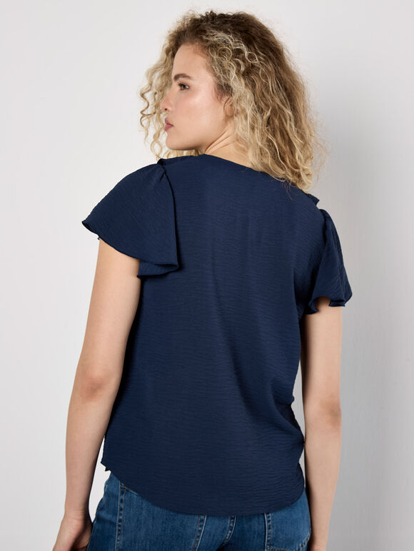 Ruffle Front Woven Top, Navy, large