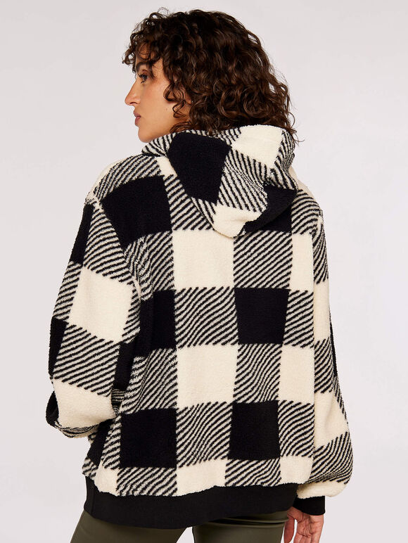 Gingham Check Fleece Hoodie, Black, large