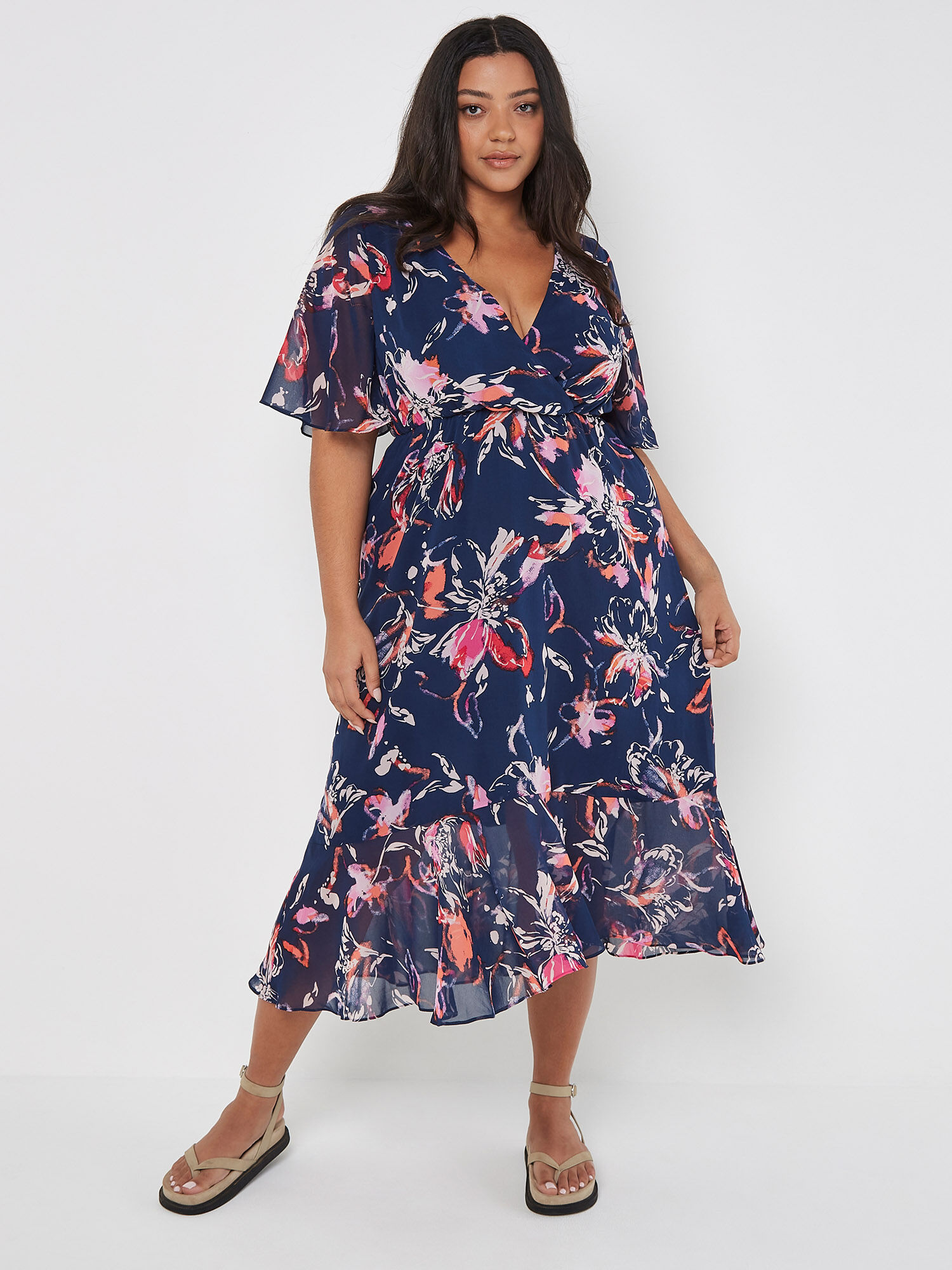 Curve Abstract Floral Wrap Midi Dress Apricot Clothing