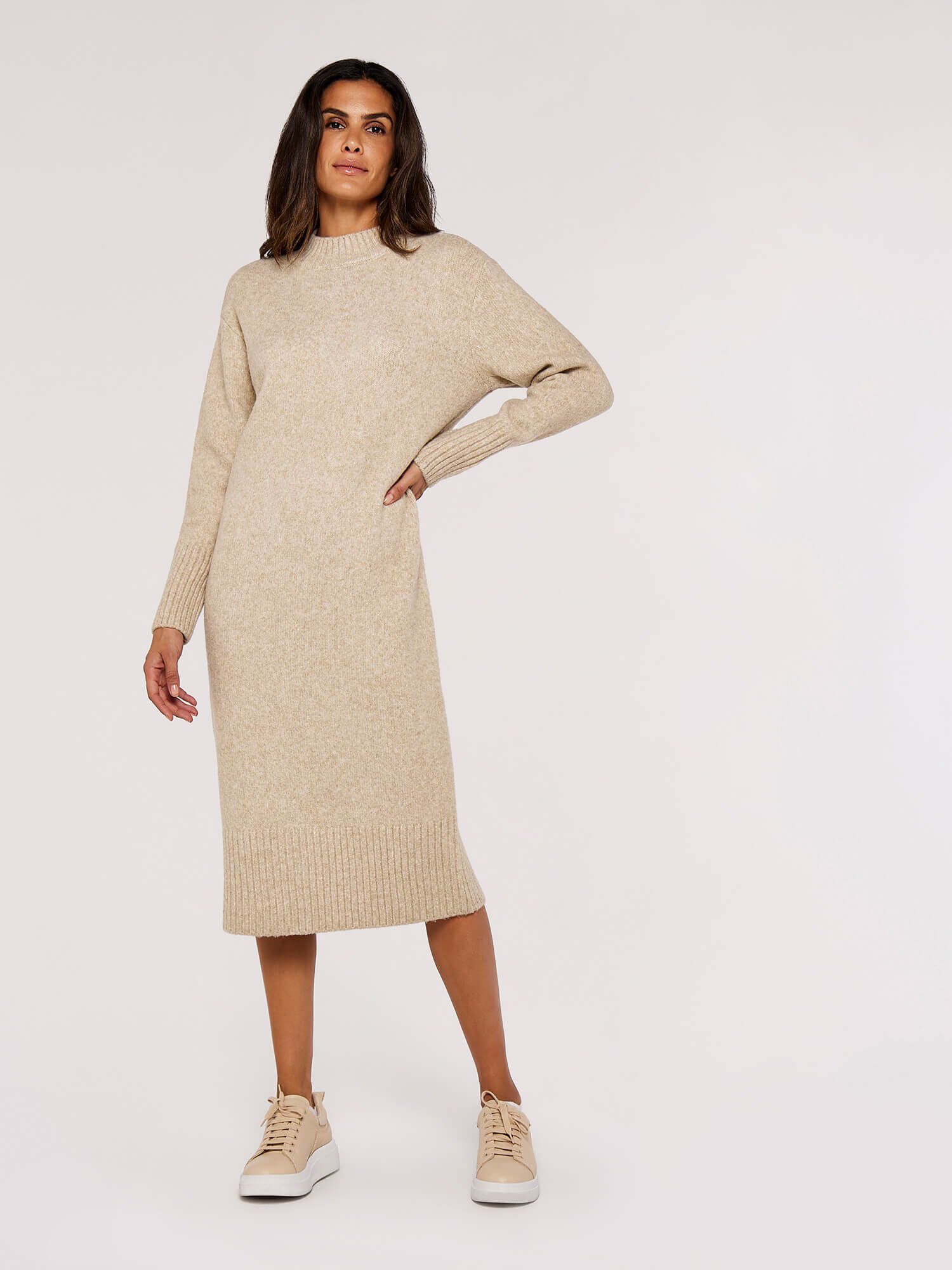 Chunky Knit Midi Dress Apricot Clothing